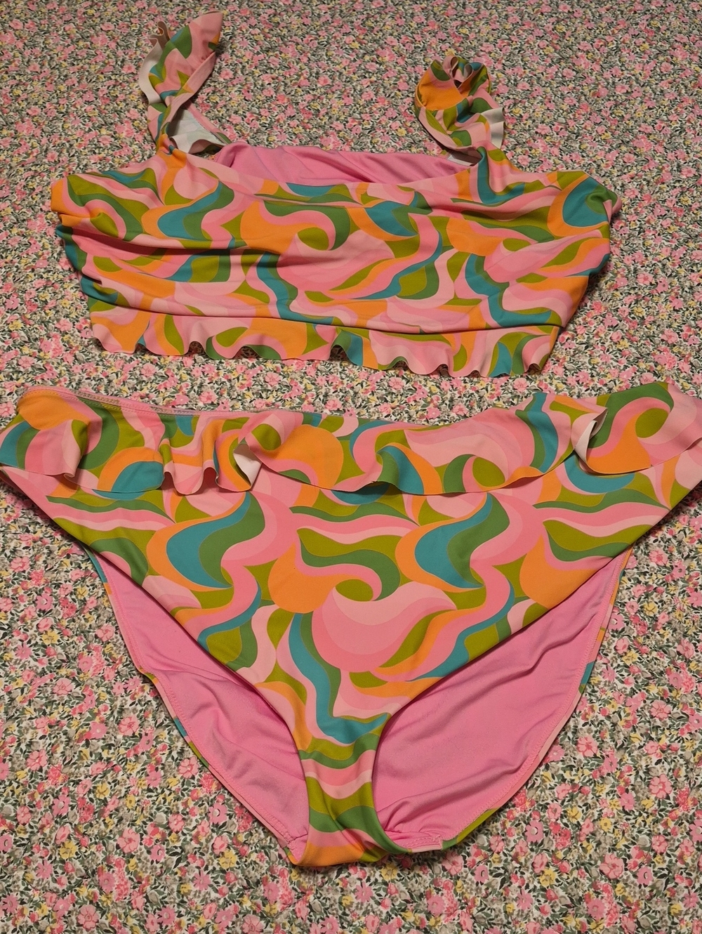 Barbie Pink Floral Ruffle Bikini Top with Multicolor Swirl Trim